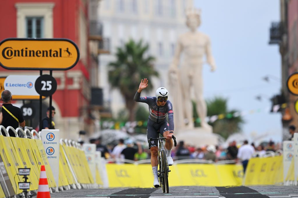 NICE FRANCE JULY 21 Jasper Philipsen of Belgium and Team Alpecin Deceuninck crosses the finish line during the 111th Tour de France 2024 Stage 21 a 337km individual time trial from Monaco to Nice UCIWT on July 21 2024 in Nice France Photo by Tim de WaeleGetty Images
