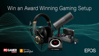 A lineup of the prizes on offer in the EPOS giveaway: a B20 streaming mic, a set of H6PRO headphones, a pair of GTW 270 earbuds, and a GSX 1000 external sound card. 