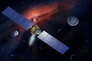 An artist’s impression of the Dawn spacecraft traveling in the asteroid belt with its target Ceres on the right.