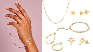 best jewelry online to shop includes Dinny Hall, composite image of model wearing Dinny Hall and cut out pieces