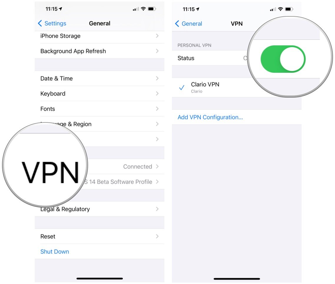 Um ein VPN auf dem iPhone oder iPad zu konfigurieren, wählen Sie Ihr VPN aus.  Schalten Sie den Statusschalter ein.