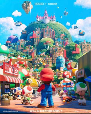 Mario (seen from behind) stares up at Peach's Castle and through the Mushroom Kingdom