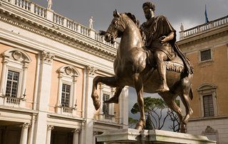 The bronze equestrian statue of Marcus Aurelius on the Capitoline Hill in Rome. Image shot 01/2009. Exact date unknown.