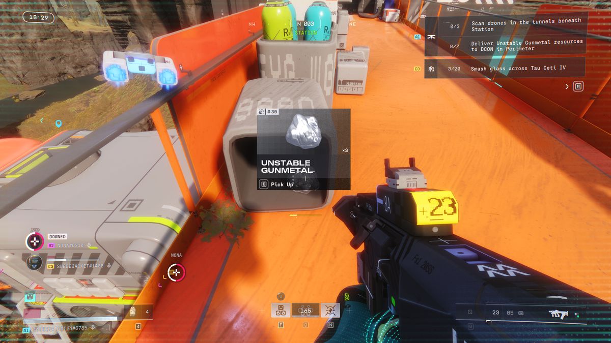 Marathon Equitable Distribution: A player looking at Unstable Gunmetal inside a crate on an orange walkway.