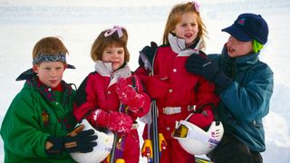 Prince Harry, Princess Eugenie, Princess Beatrice and Prince William as children on a skiing holiday