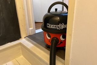 Henry Xtra cylinder vacuum peeping round a doorway in a hallway