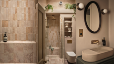 warm, sand and stone toned bathroom with a tiled shower and green plants hanging from top shelf