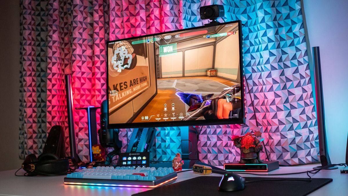 Angled view of Govee AI Gaming Sync Box Kit with Valorant on the gaming monitor