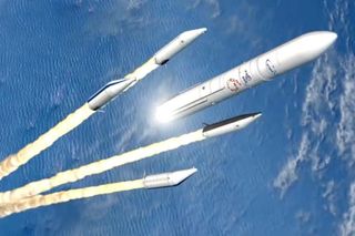 Visualization of the first stage separation of the Ariane 6 rocket.