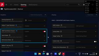 AMD Adrenaline Edition settings for AFMF 2 Performance mode in Microsoft Flight Simulator 2024 on ASUS ROG Ally