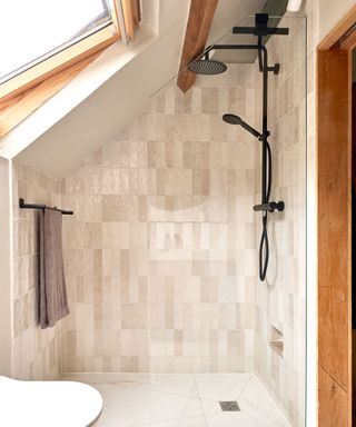 Contemporary shower with sloping ceiling