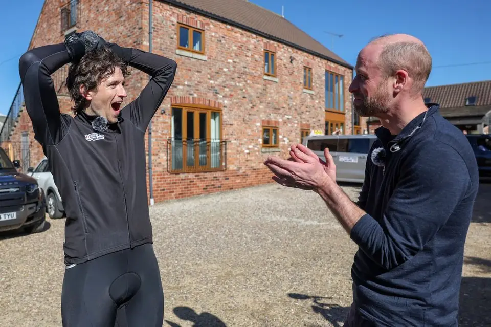 Greg James reacting in shock as Prince William shows up to see him
