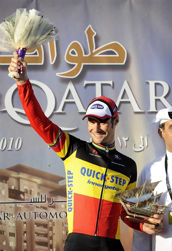 Tom Boonen (Quick Step) salutes from the podium in Qatar.