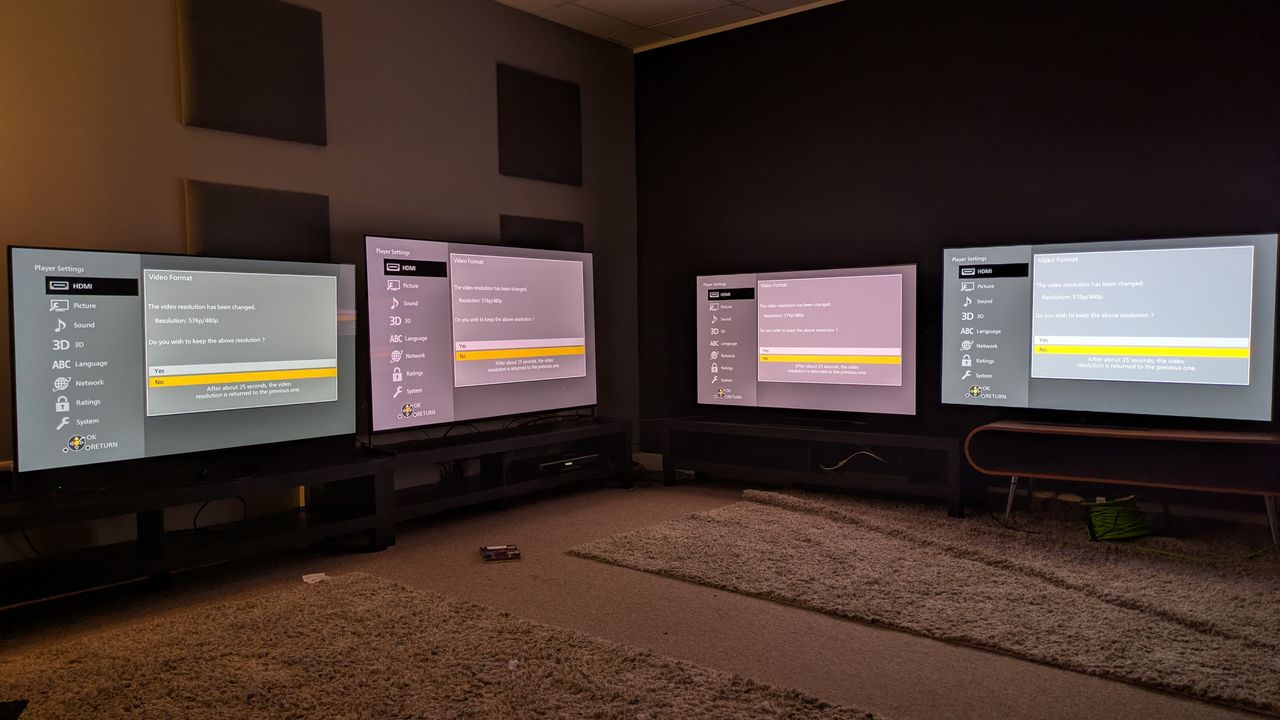 Panasonic Z95B (far left) Sony Bravia 8 II (middle left) Samsung S95F (middle right) LG G5 (far right) with UB820 settings page on screen
