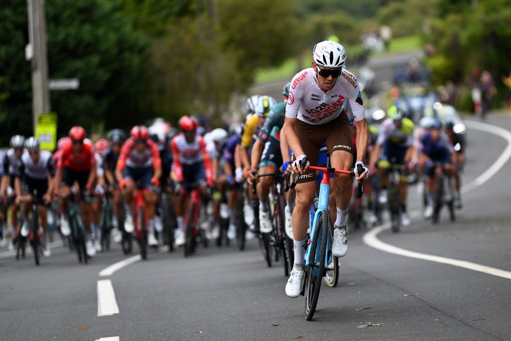 Ben O&#039;Connor (AG2R Citroën) on the attack at the Cadel Evans Great Ocean Road Race 2023