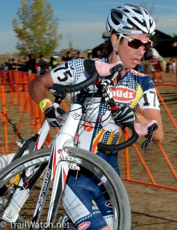 Nicole Duke (Hudz-Subaru) running the barriers in third place