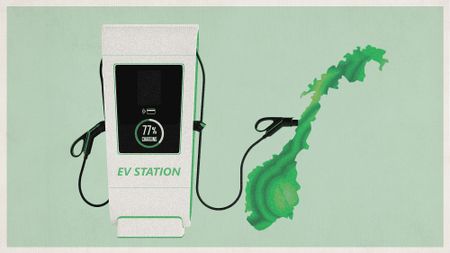 Photo collage of an electric vehicle charging station charging up the shape of Norway.