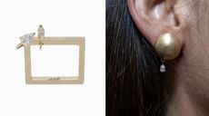 Jewellery by Sardo: left, gold square ring with diamond and right, woman wearing gold earring with a single diamond hanging down