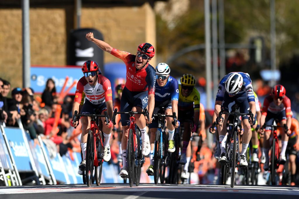 LABASTIDA SPAIN APRIL 03 Ethan Hayter of United Kingdom and Team INEOS Grenadiers celebrates at finish line as stage winner ahead of Jon Aberasturi of Spain and Team TrekSegafredo Alex Aranburu Deba of Spain and Movistar Team Mauro Schmid of Switzerland and Team Soudal QuickStep during the 2nd Itzulia Basque Country Stage 1 a 1654km stage from VitoriaGasteiz to Labastida 527m Itzulia2023 on April 03 2023 in Labastida Spain Photo by David RamosGetty Images