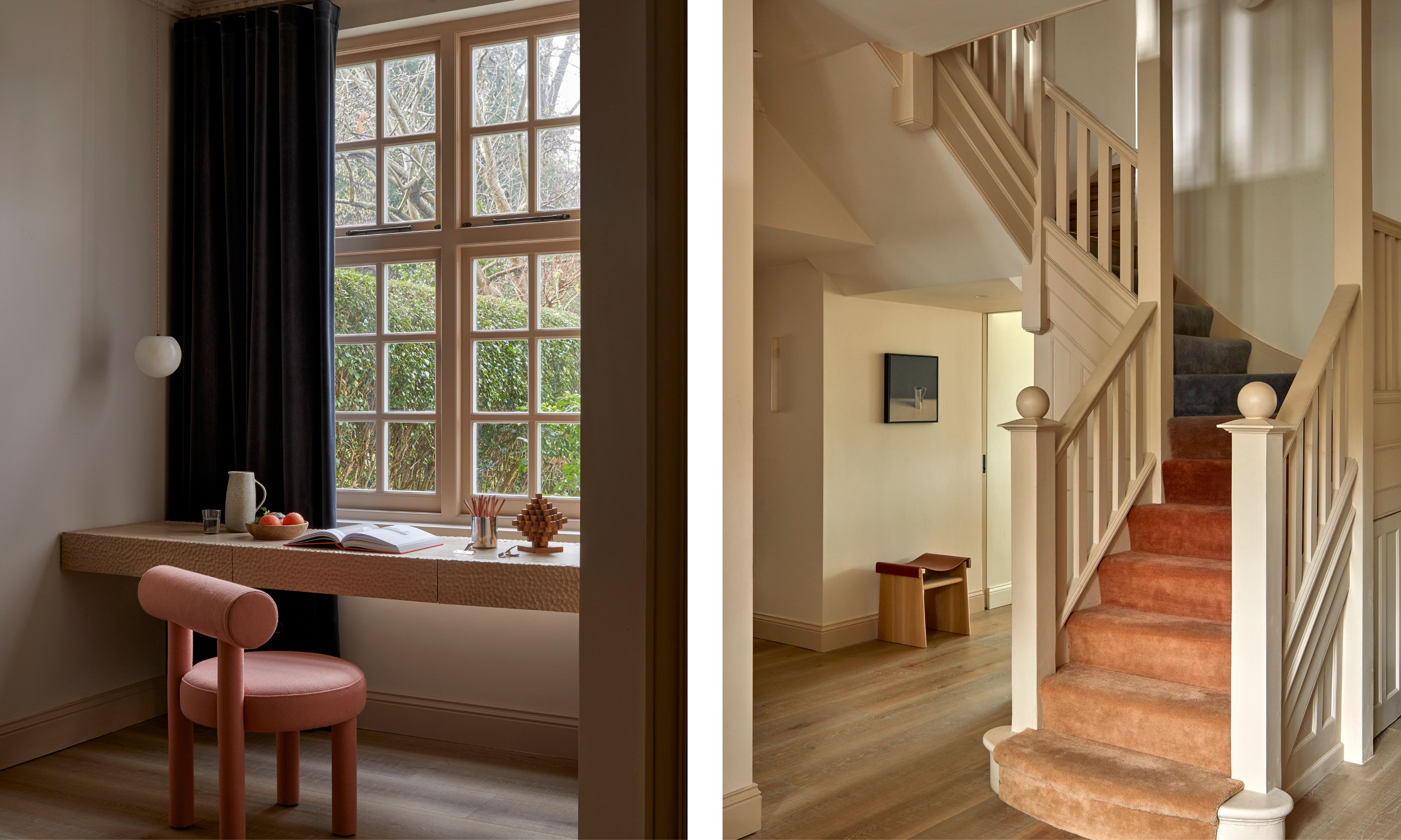 two shots next to each other of a desk in a window and a staircase with an ombre carpet