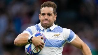 Nicolás Sánchez of Argentina running with the ball in preparation for the Argentina vs England Rugby World Cup semi-final 2023.