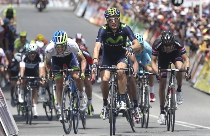 Juan Jose Lobato (Movistar) about to raise his arms in triumph