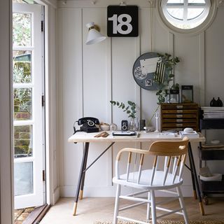 home office with white wall and telephone on table