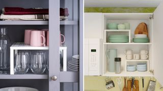 Inside two kitchen cabinets with shelving stacking aids to show how to organize a small kitchen