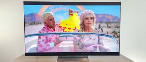 LG C4 OLED TV shown playing Barbie in a living room