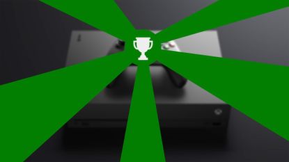 An illustration showing the Xbox Achievement logo casting glorious green rays over an Xbox One.