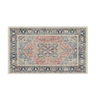 A rug with a gray border and a blue, pink, and beige pattern