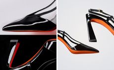 A collage of three images of black patent leather Santoni heels with strappy fastening, pointed toe, and slanted high heel