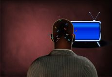 An artist's image shows a man's brain as he watches a movie.