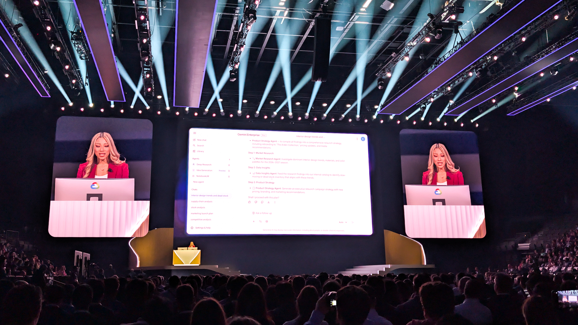 Erica Chuong, manager, Applied Al Forward Deployed Engineering at Google Cloud, running a live demo during the opening keynote of Google Cloud Next 2026.