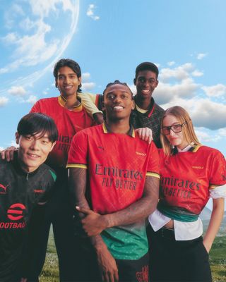 Puma's jersey launch with AC Milan and Off-White showing the jerseys worn by various models.