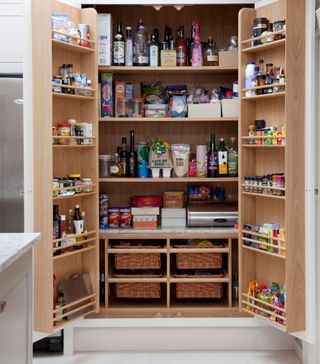 kitchen pantry with food items in wooden cupboard