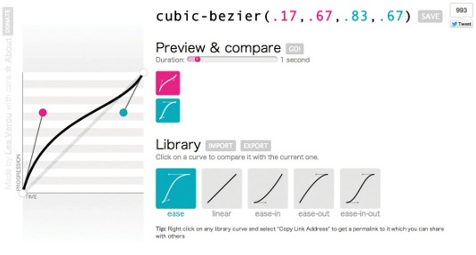http://cubic-bezier.com helps compare common CSS easing keywords
