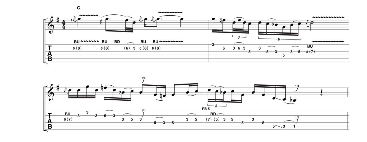 Joe plays forcefully here with more characteristic bends, vibrato and also flurries of Clapton style pentatonic trickery. Notice the quarter-tone bend on the Bb!