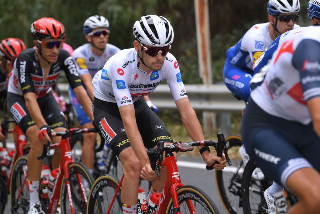 VILLAFRANCA TIRRENA ITALY OCTOBER 06 Harm Vanhoucke of Belgium and Team Lotto Soudal White Best Young Rider Jersey during the 103rd Giro dItalia 2020 Stage 4 a 140km stage from Catania to Villafranca Tirrena girodiitalia Giro on October 06 2020 in Villafranca Tirrena Italy Photo by Tim de WaeleGetty Images