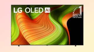 The LG B5 OLED displaying colorful, abstract imagery with the words "LG OLED AI" in the upper-left quadrant of the screen