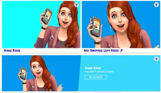 The Sims 4 new main menu, with the red-headed woman in several different panels holding a phone, excitedly.