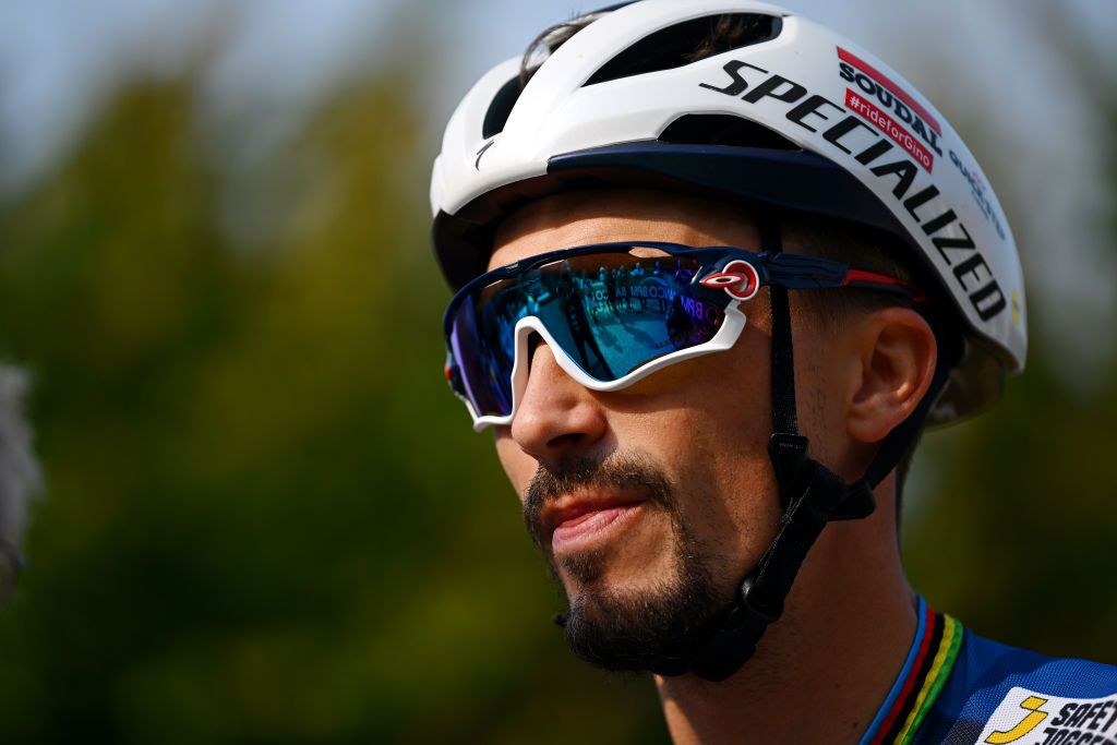 BUSTO ARSIZIO ITALY OCTOBER 03 Julian Alaphilippe of France and Team Soudal Quick Step prior to the 102nd Tre Valli Varesine 2023 a 19654km one day race from Busto Arsizio to Varese on October 03 2023 in Varese Italy Photo by Dario BelingheriGetty Images