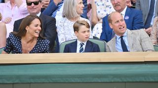 Catherine, Duchess of Cambridge, Prince George of Cambridge and Prince William, Duke of Cambridge attend The Wimbledon Men's Singles Final at the All England Lawn Tennis and Croquet Club on July 10, 2022 in London, England.