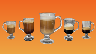 Five coffees on orange background