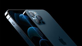A side render of Apple's iPhone 12 pro smartphone on a black background