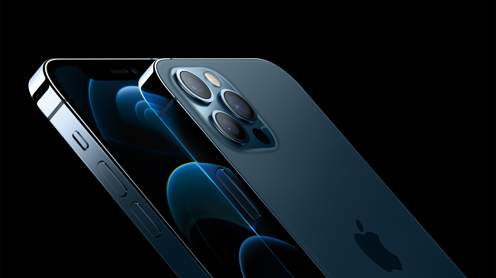 A side render of Apple's iPhone 12 pro smartphone on a black background