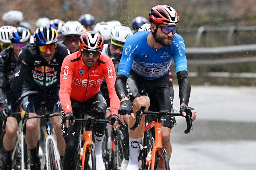 COLFIORITO ITALY MARCH 12 Filippo Ganna of Italy and Team INEOS Grenadiers Blue Leader Jersey competes during to the 60th TirrenoAdriatico 2025 Stage 3 a 239km stage from Follonica to Colfiorito UCIWT on March 12 2025 in Colfiorito Italy Photo by Tim de WaeleGetty Images