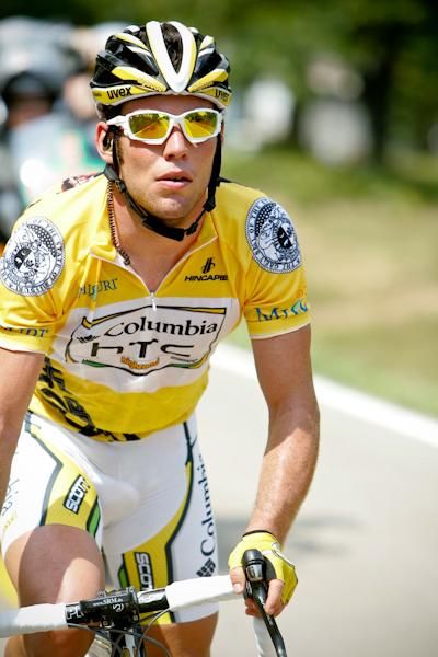 Mark Cavendish (Columbia-HTC) enjoys his first day in the leader's jersey after winning the opening stage.