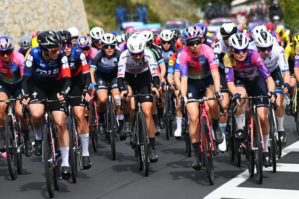 SANREMO ITALY MARCH 22 LR Dominika Wlodarczyk of Poland and UAE Team ADQ Cecilie Uttrup Ludwig of Denmark and Team CANYONSRAM zondacrypto Marta Lach of Poland and Lorena Wiebes of Netherlands and Team SD Worx Protime compete during the 1st Sanremo Women 2025 a 156km one day race from Genova to Sanremo UCIWWT on March 22 2025 in Sanremo Italy Photo by Tim de WaeleGetty Images