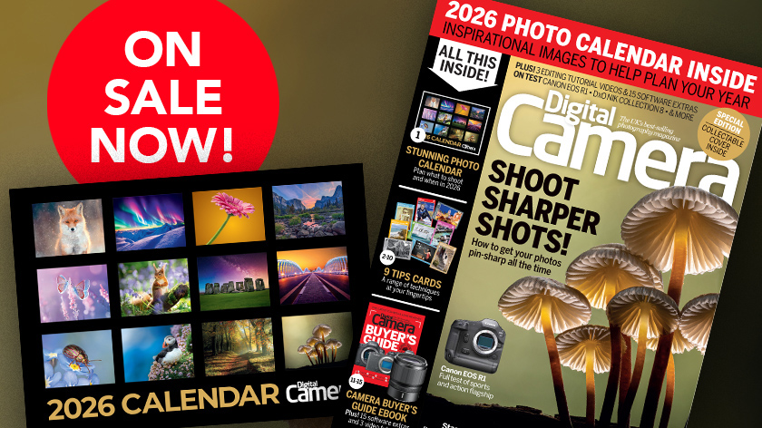 Front cover of issue 301 (December 2025) of Digital Camera magazine and a red blob that reads 'On sale now!'